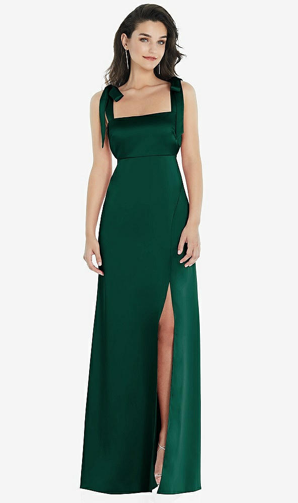 Front View - Hunter Green Flat Tie-Shoulder Empire Waist Maxi Dress with Front Slit