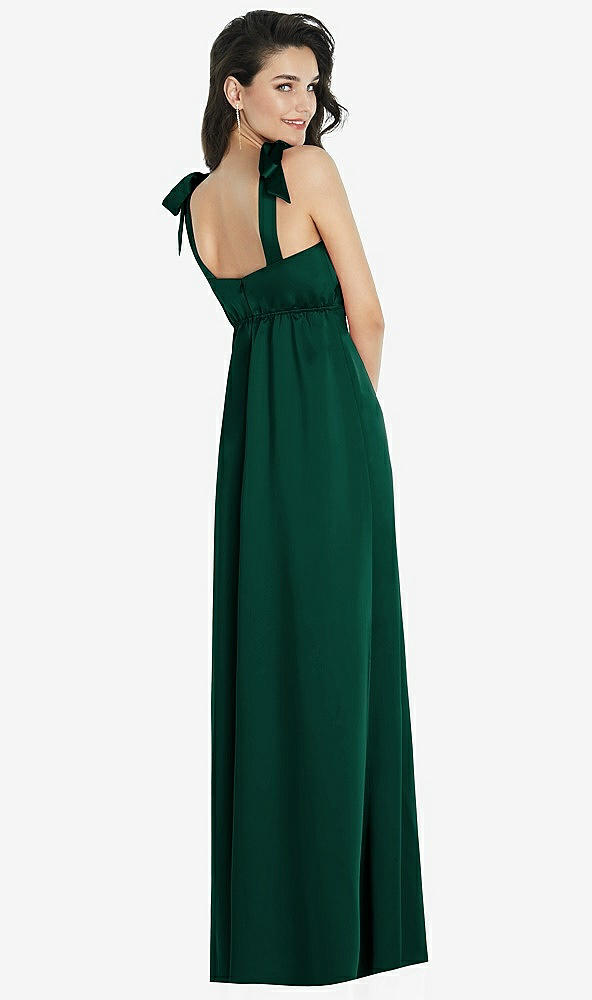 Back View - Hunter Green Flat Tie-Shoulder Empire Waist Maxi Dress with Front Slit