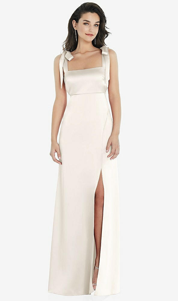 Front View - Ivory Flat Tie-Shoulder Empire Waist Maxi Dress with Front Slit
