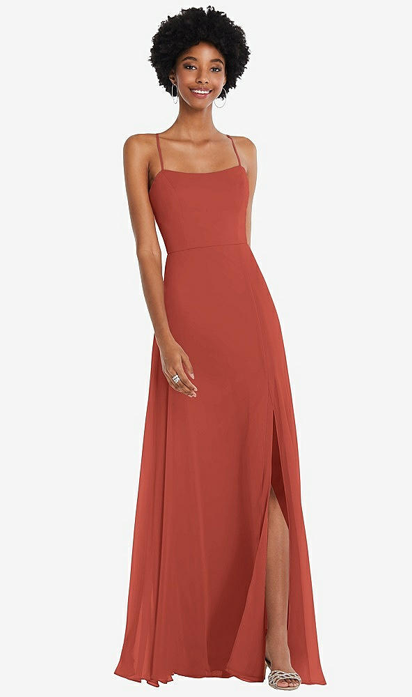 Front View - Amber Sunset Scoop Neck Convertible Tie-Strap Maxi Dress with Front Slit