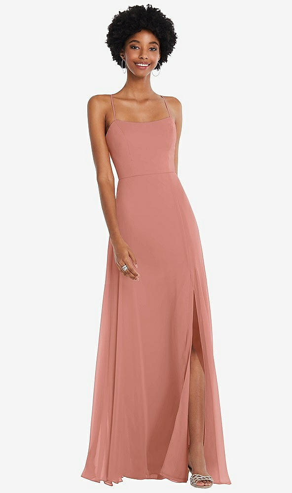Front View - Desert Rose Scoop Neck Convertible Tie-Strap Maxi Dress with Front Slit