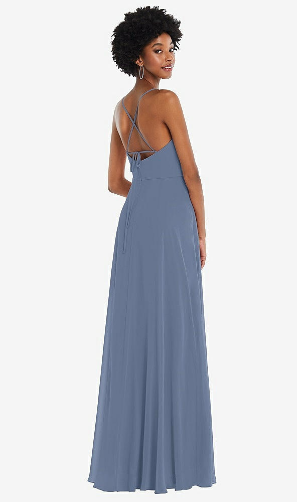 Back View - Larkspur Blue Scoop Neck Convertible Tie-Strap Maxi Dress with Front Slit
