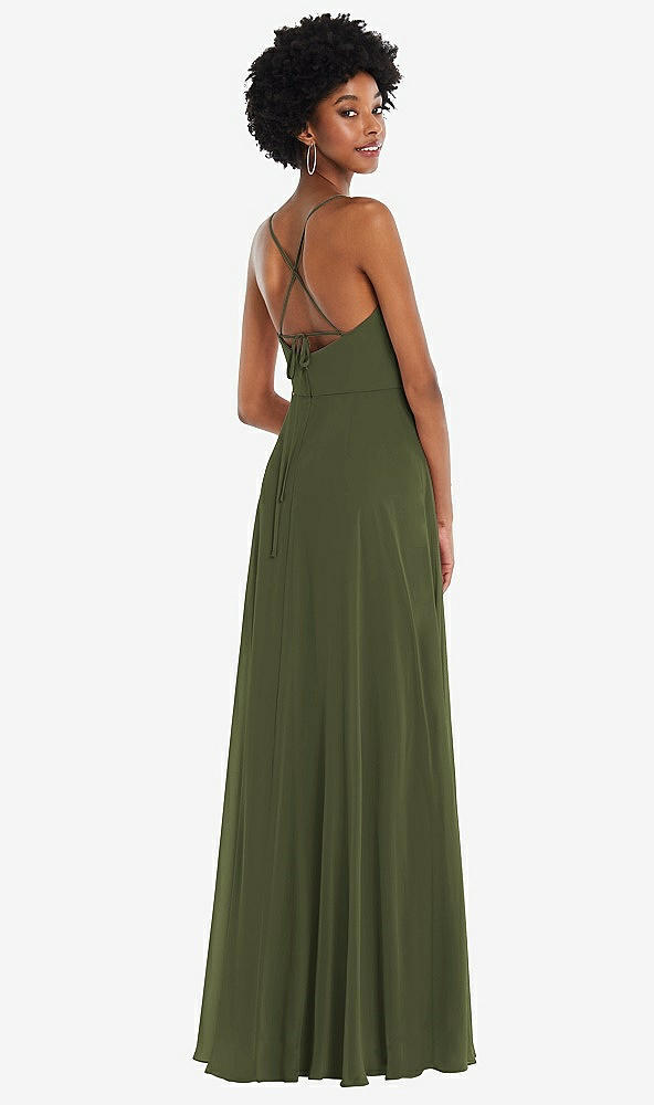 Back View - Olive Green Scoop Neck Convertible Tie-Strap Maxi Dress with Front Slit