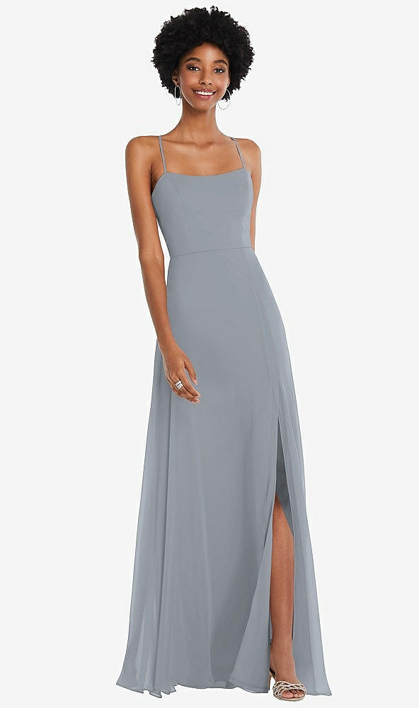 Front View - Platinum Scoop Neck Convertible Tie-Strap Maxi Dress with Front Slit