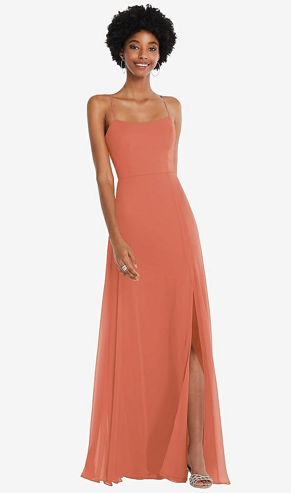 Front View - Terracotta Copper Scoop Neck Convertible Tie-Strap Maxi Dress with Front Slit