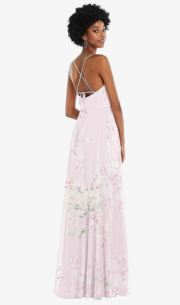 Back View - Watercolor Print Scoop Neck Convertible Tie-Strap Maxi Dress with Front Slit