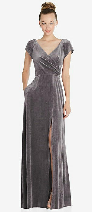 Flutter Sleeve Open-back Velvet Maxi Bridesmaid Dress With Draped Wrap  Skirt In Tawny Rose