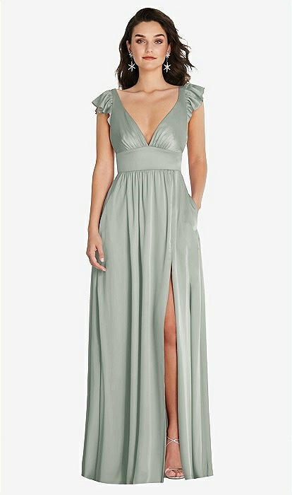 Deep V Neck Ruffle Cap Sleeve Maxi Dress with Convertible Straps