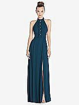 Front View Thumbnail - Atlantic Blue Halter Backless Maxi Dress with Crystal Button Ruffle Placket