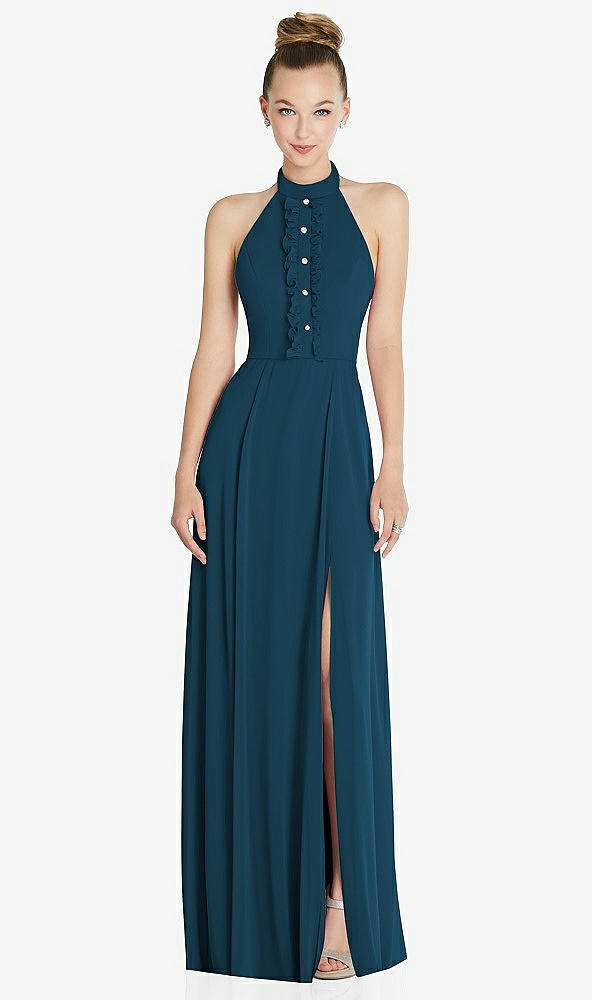 Front View - Atlantic Blue Halter Backless Maxi Dress with Crystal Button Ruffle Placket