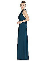 Side View Thumbnail - Atlantic Blue Halter Backless Maxi Dress with Crystal Button Ruffle Placket