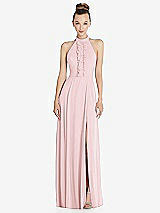 Front View Thumbnail - Ballet Pink Halter Backless Maxi Dress with Crystal Button Ruffle Placket