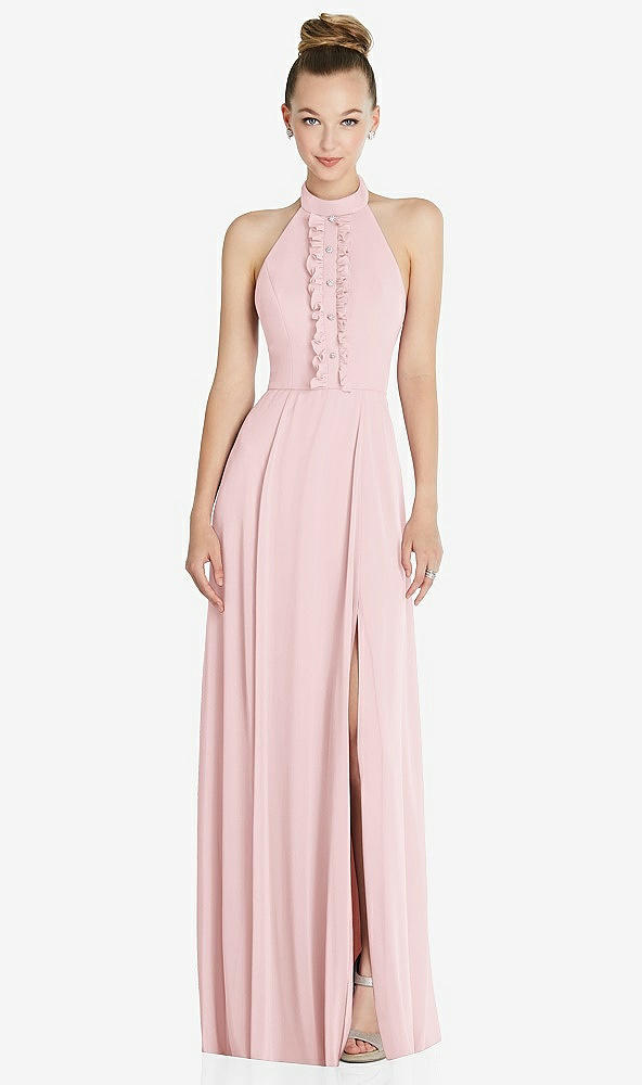 Front View - Ballet Pink Halter Backless Maxi Dress with Crystal Button Ruffle Placket