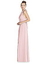 Side View Thumbnail - Ballet Pink Halter Backless Maxi Dress with Crystal Button Ruffle Placket