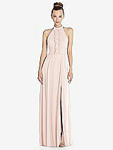 Front View Thumbnail - Blush Halter Backless Maxi Dress with Crystal Button Ruffle Placket