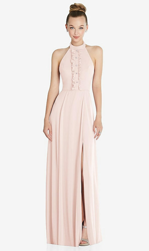 Front View - Blush Halter Backless Maxi Dress with Crystal Button Ruffle Placket