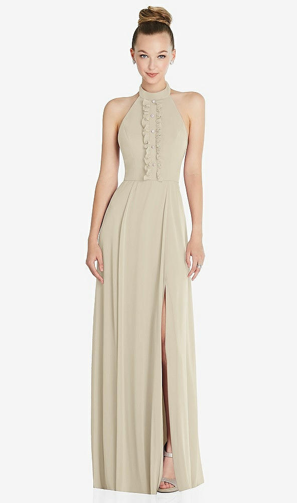 Front View - Champagne Halter Backless Maxi Dress with Crystal Button Ruffle Placket
