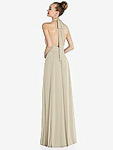 Rear View Thumbnail - Champagne Halter Backless Maxi Dress with Crystal Button Ruffle Placket