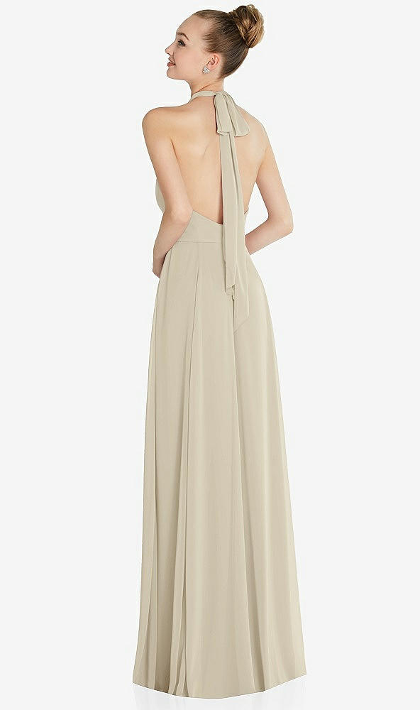 Back View - Champagne Halter Backless Maxi Dress with Crystal Button Ruffle Placket