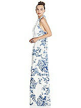 Side View Thumbnail - Cottage Rose Dusk Blue Halter Backless Maxi Dress with Crystal Button Ruffle Placket