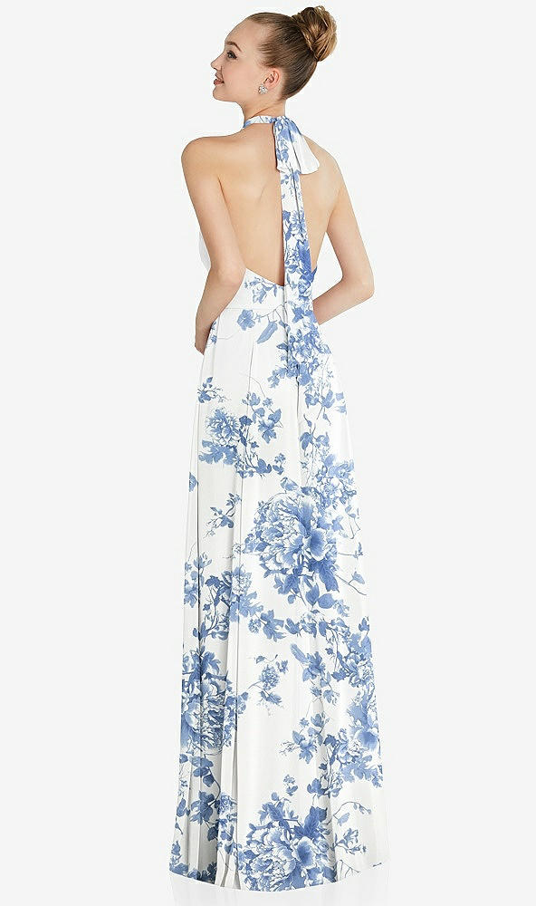 Back View - Cottage Rose Dusk Blue Halter Backless Maxi Dress with Crystal Button Ruffle Placket