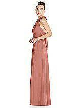 Side View Thumbnail - Desert Rose Halter Backless Maxi Dress with Crystal Button Ruffle Placket