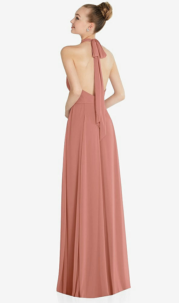 Back View - Desert Rose Halter Backless Maxi Dress with Crystal Button Ruffle Placket
