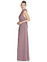 Side View Thumbnail - Dusty Rose Halter Backless Maxi Dress with Crystal Button Ruffle Placket