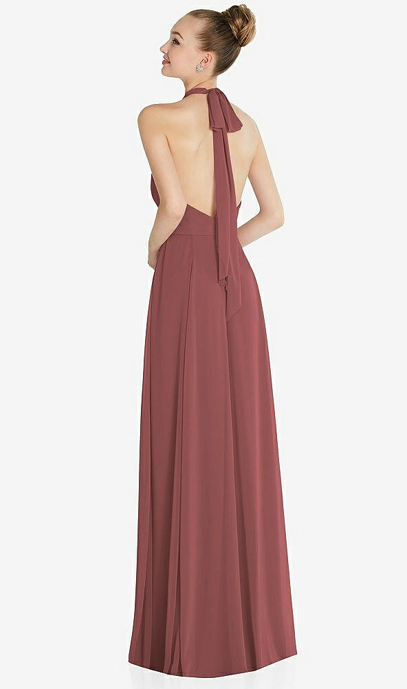 Back View - English Rose Halter Backless Maxi Dress with Crystal Button Ruffle Placket
