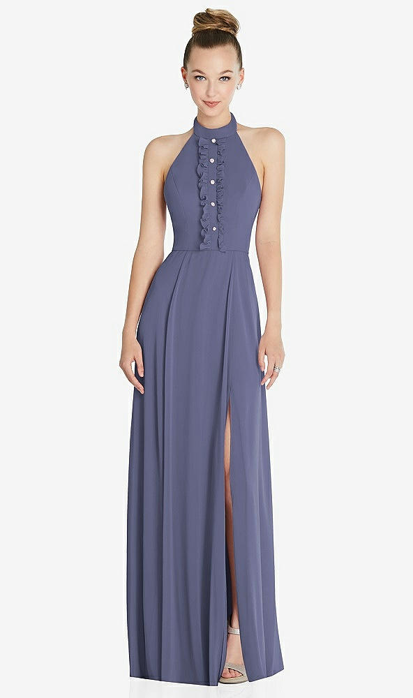 Front View - French Blue Halter Backless Maxi Dress with Crystal Button Ruffle Placket