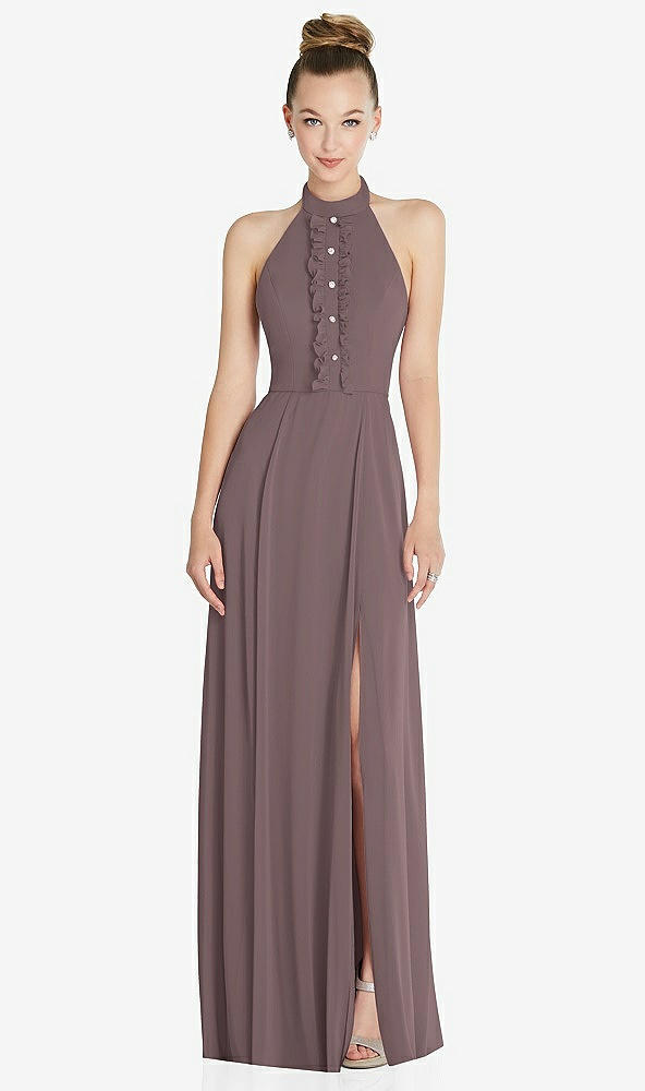 Front View - French Truffle Halter Backless Maxi Dress with Crystal Button Ruffle Placket