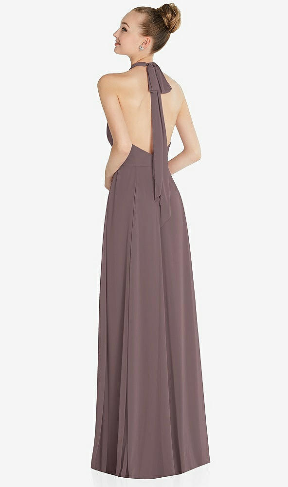 Back View - French Truffle Halter Backless Maxi Dress with Crystal Button Ruffle Placket