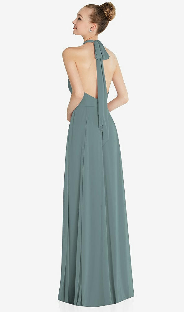 Back View - Icelandic Halter Backless Maxi Dress with Crystal Button Ruffle Placket