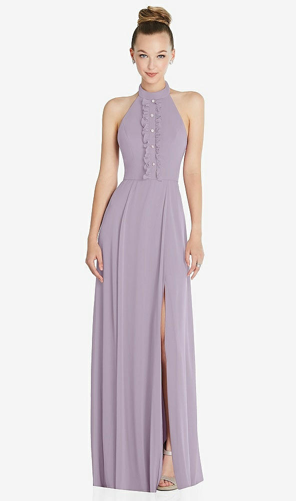 Front View - Lilac Haze Halter Backless Maxi Dress with Crystal Button Ruffle Placket