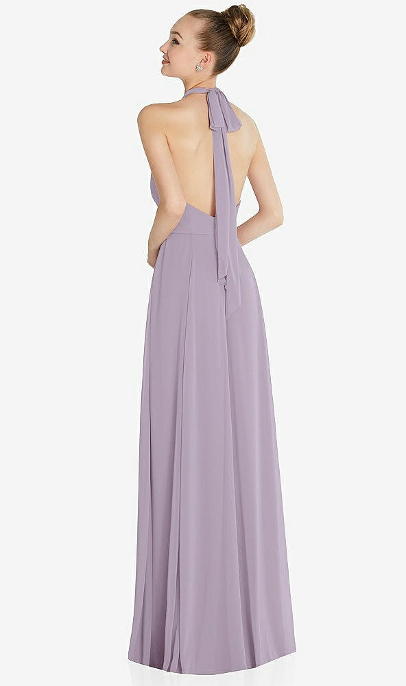 Back View - Lilac Haze Halter Backless Maxi Dress with Crystal Button Ruffle Placket