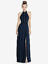 Front View Thumbnail - Midnight Navy Halter Backless Maxi Dress with Crystal Button Ruffle Placket