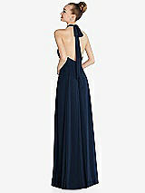 Rear View Thumbnail - Midnight Navy Halter Backless Maxi Dress with Crystal Button Ruffle Placket