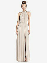 Front View Thumbnail - Oat Halter Backless Maxi Dress with Crystal Button Ruffle Placket