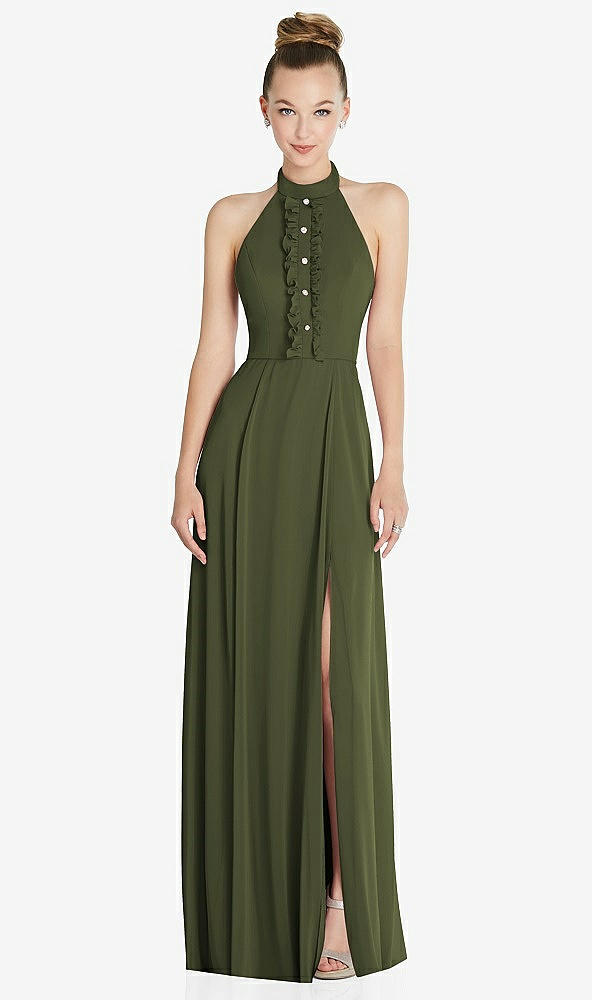 Front View - Olive Green Halter Backless Maxi Dress with Crystal Button Ruffle Placket