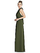 Side View Thumbnail - Olive Green Halter Backless Maxi Dress with Crystal Button Ruffle Placket