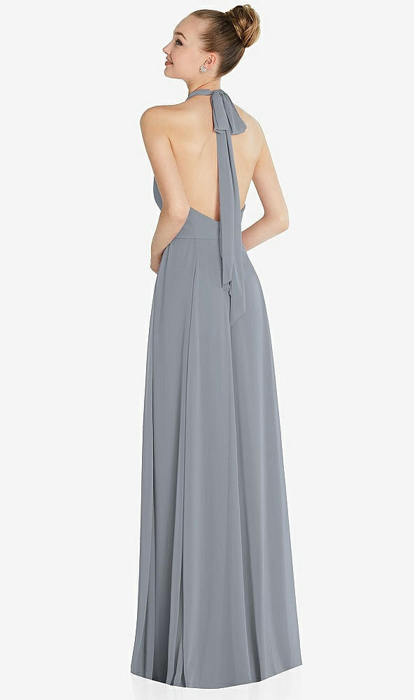 Back View - Platinum Halter Backless Maxi Dress with Crystal Button Ruffle Placket