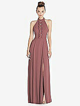 Front View Thumbnail - Rosewood Halter Backless Maxi Dress with Crystal Button Ruffle Placket