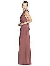Side View Thumbnail - Rosewood Halter Backless Maxi Dress with Crystal Button Ruffle Placket