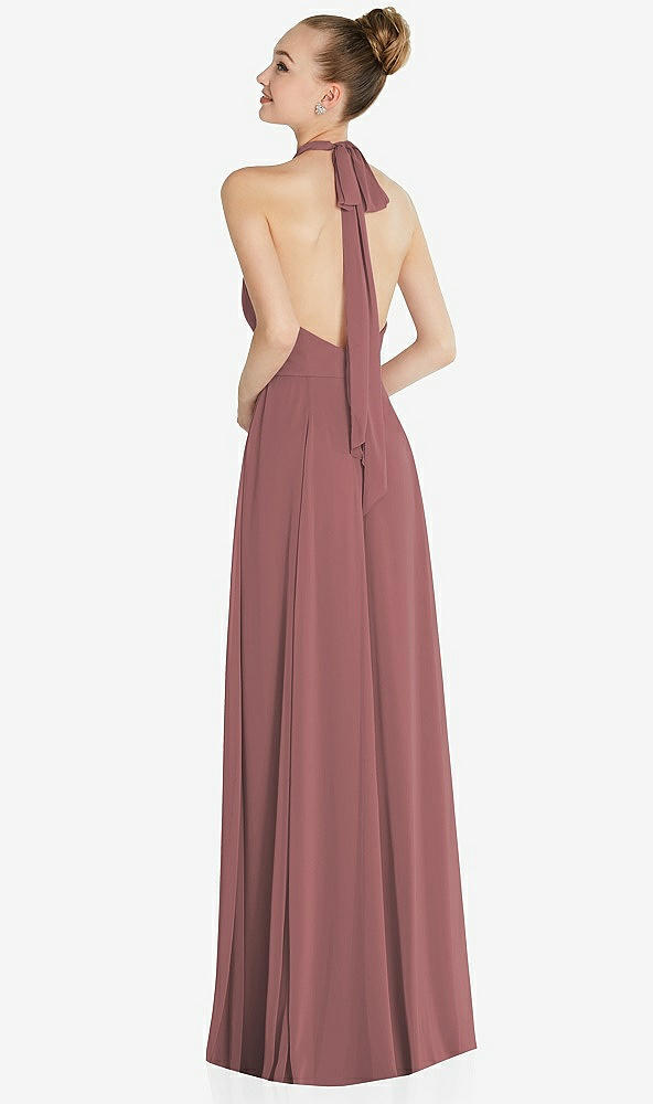 Back View - Rosewood Halter Backless Maxi Dress with Crystal Button Ruffle Placket