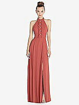 Front View Thumbnail - Coral Pink Halter Backless Maxi Dress with Crystal Button Ruffle Placket