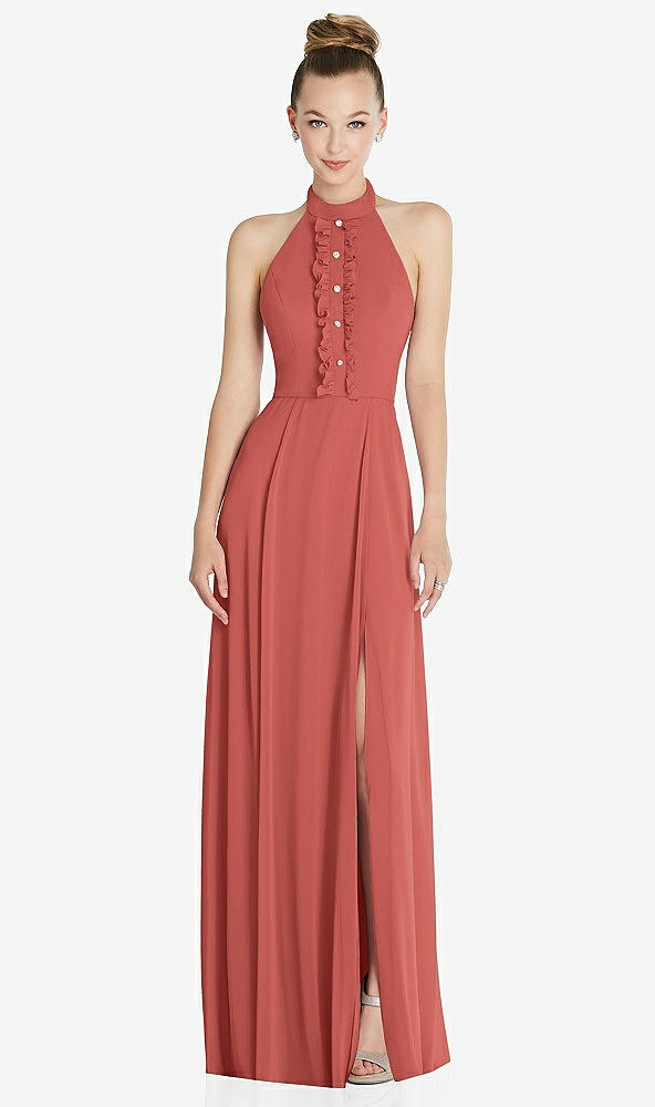 Front View - Coral Pink Halter Backless Maxi Dress with Crystal Button Ruffle Placket
