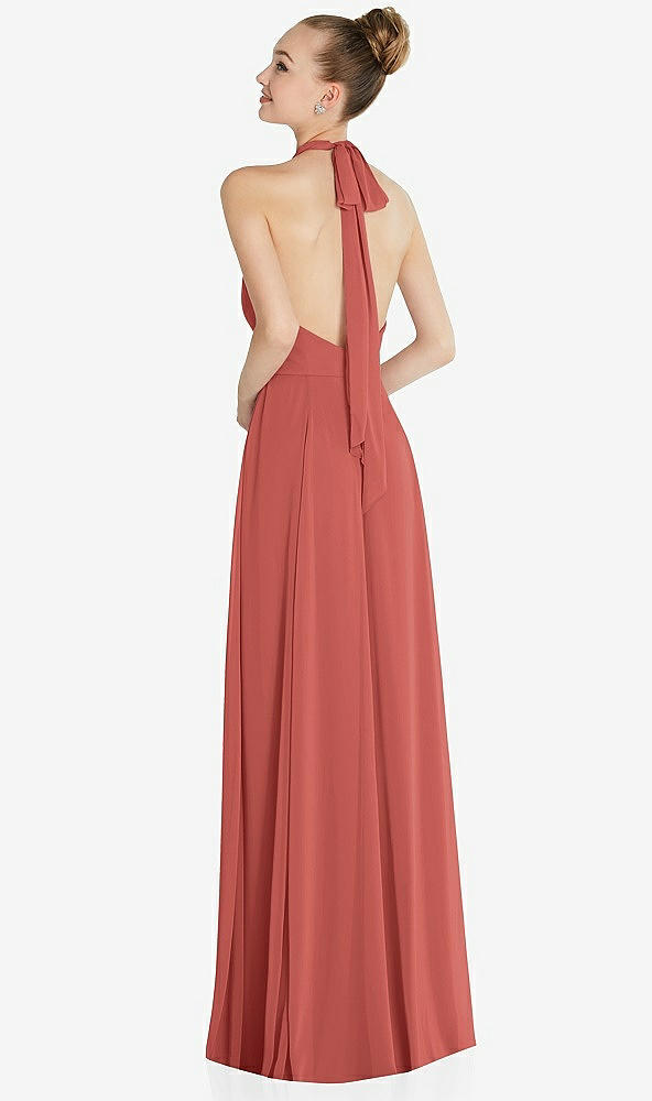 Back View - Coral Pink Halter Backless Maxi Dress with Crystal Button Ruffle Placket