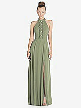 Front View Thumbnail - Sage Halter Backless Maxi Dress with Crystal Button Ruffle Placket
