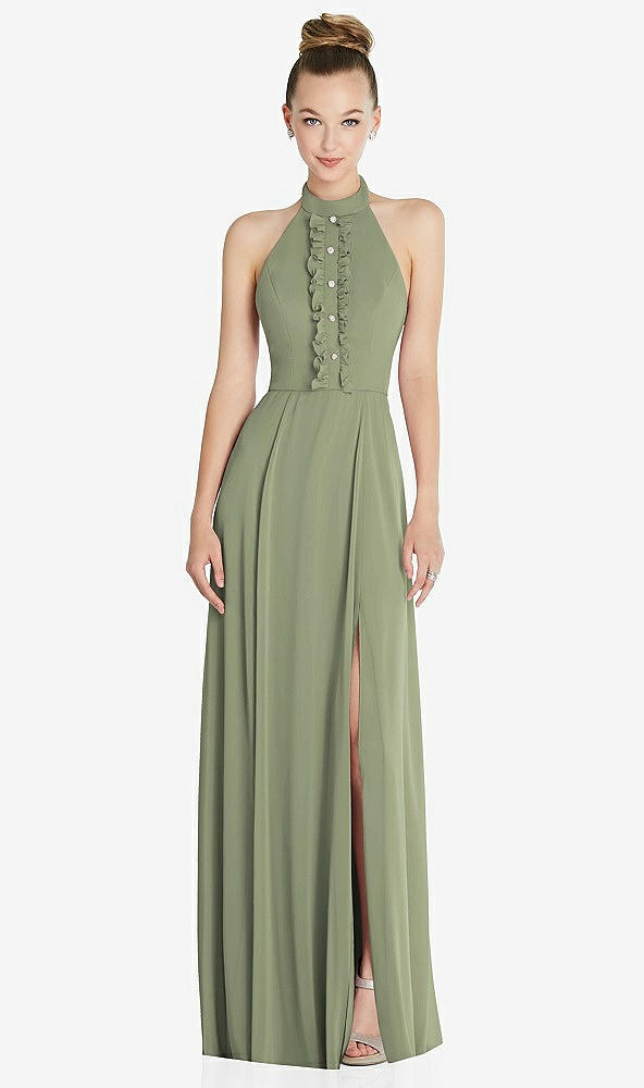 Front View - Sage Halter Backless Maxi Dress with Crystal Button Ruffle Placket