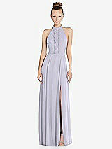 Front View Thumbnail - Silver Dove Halter Backless Maxi Dress with Crystal Button Ruffle Placket
